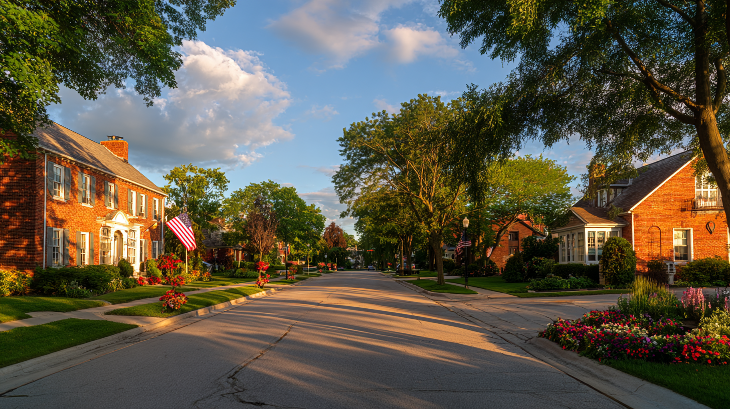 Sunny Racine neighborhood street with brick homes, gardens, and American flags