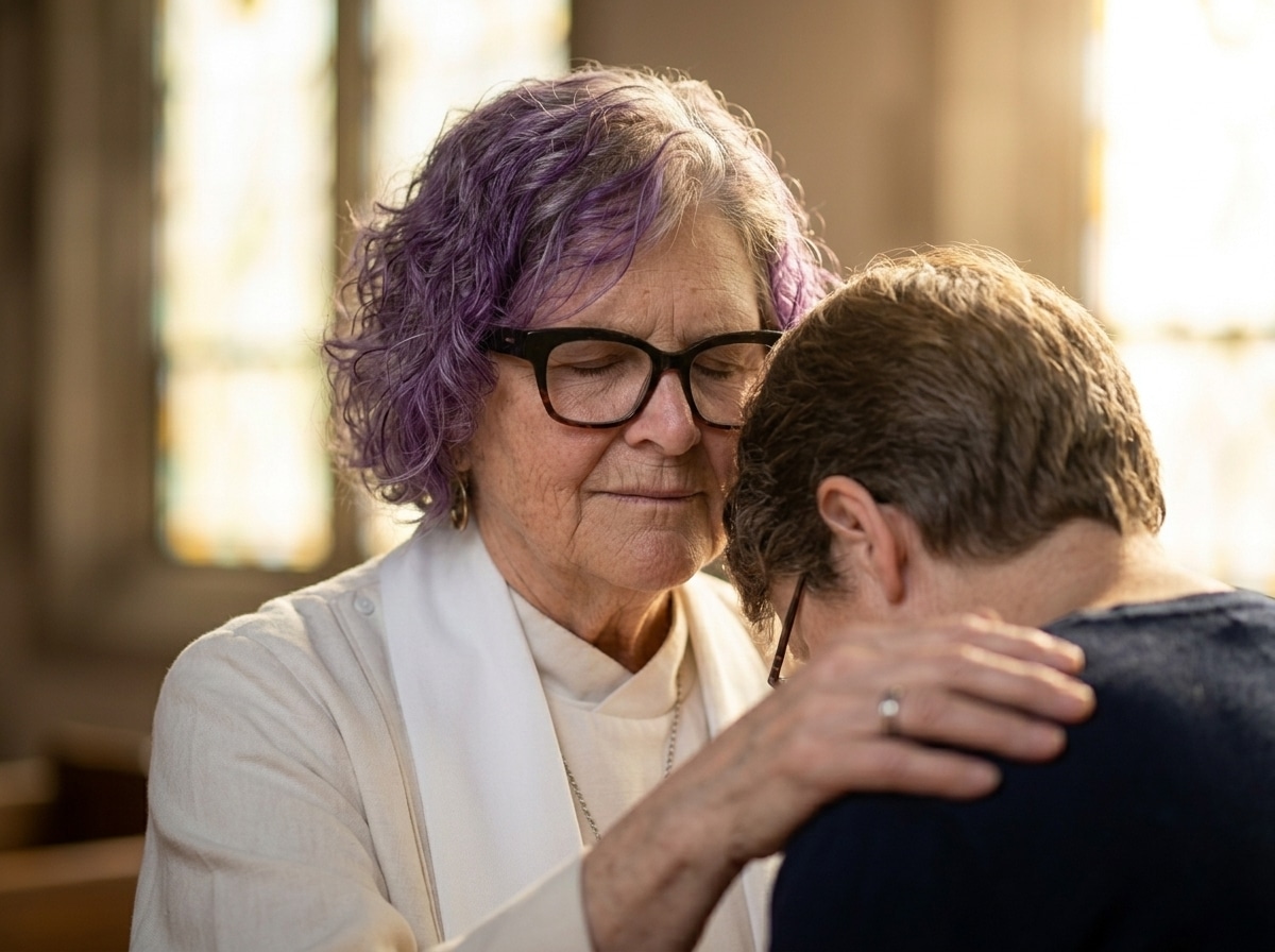 Pastor Christal in prayer at First Church